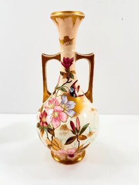 Antique 1890s Royal Bonn German Porcelain Twin Handled Ewer Vase Floral 10.5”